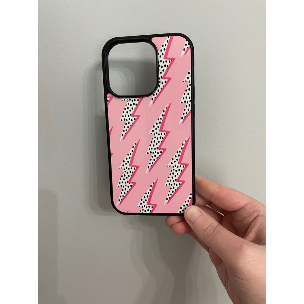 Lightning Bolt iPhone 14 Pro Case Unisex One Size Pink Polka Dot Preppy Bumper